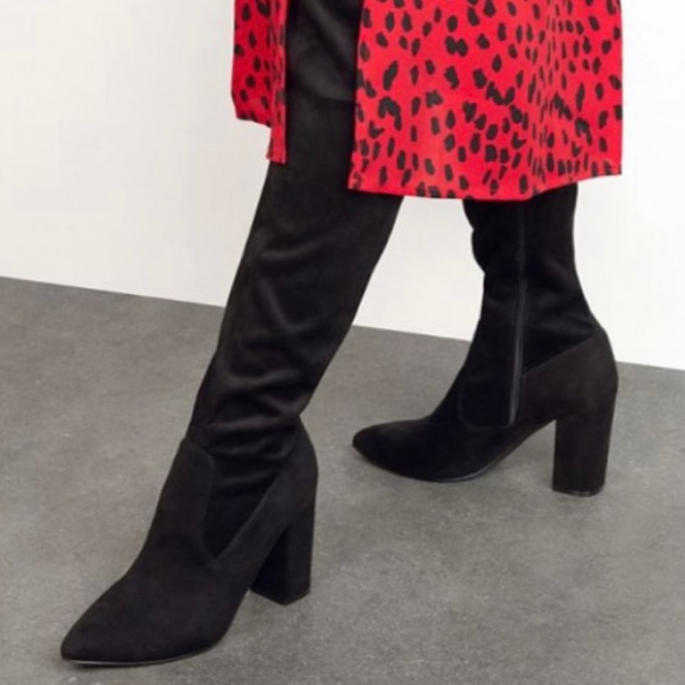 Thigh high black faux suede boots